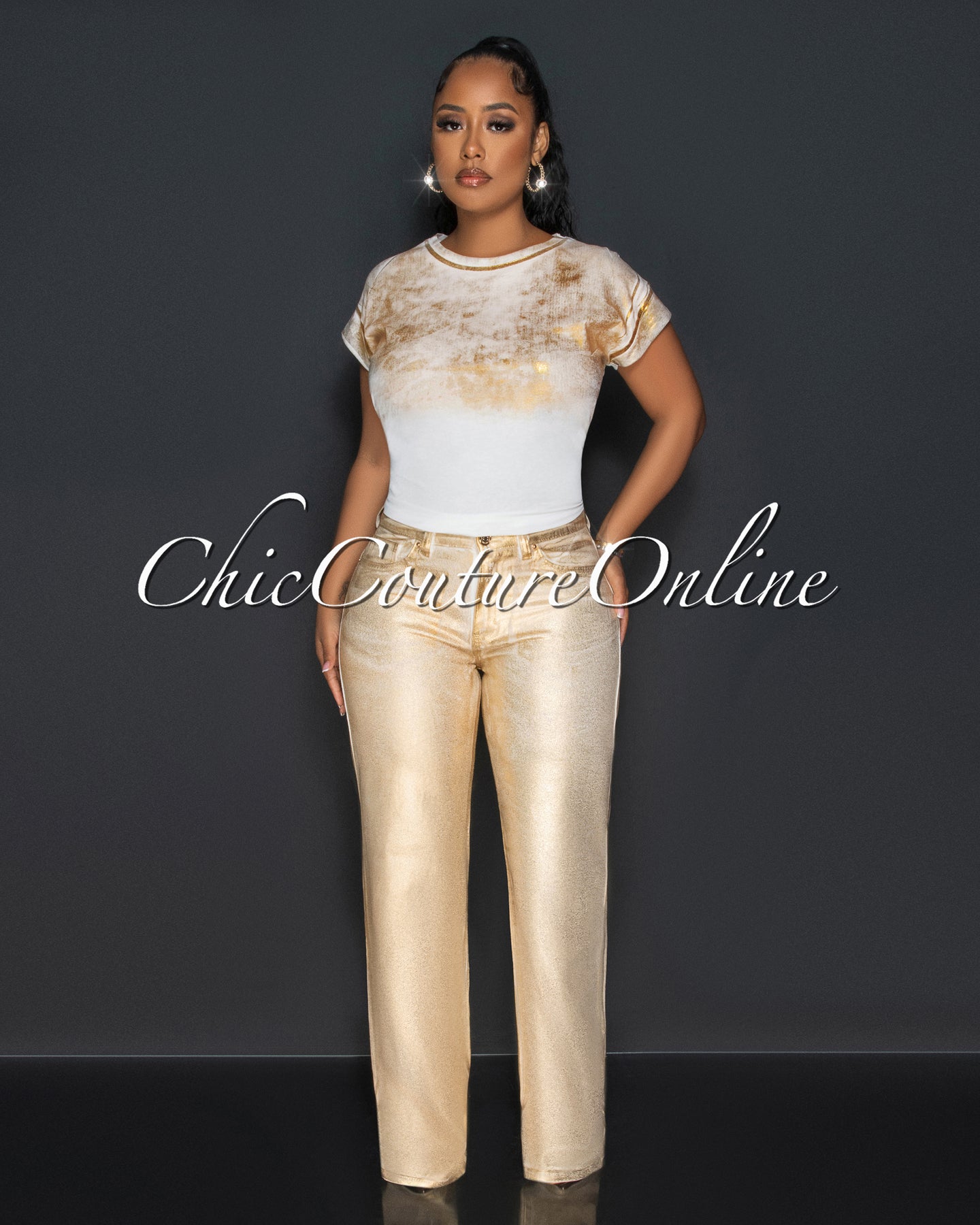 *Caline White Gold Foil Wide Jeans