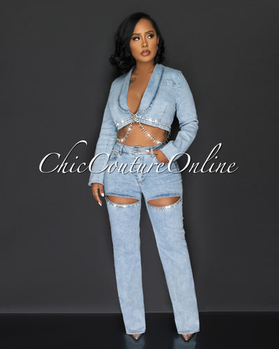 Brittany Light Denim Crop Top & Rhinestones Jeans Set