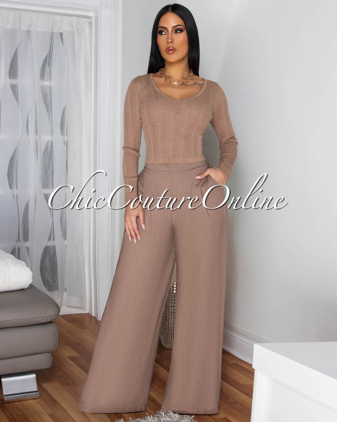 Shika Nude Shimmer Top & Linen Pants Set