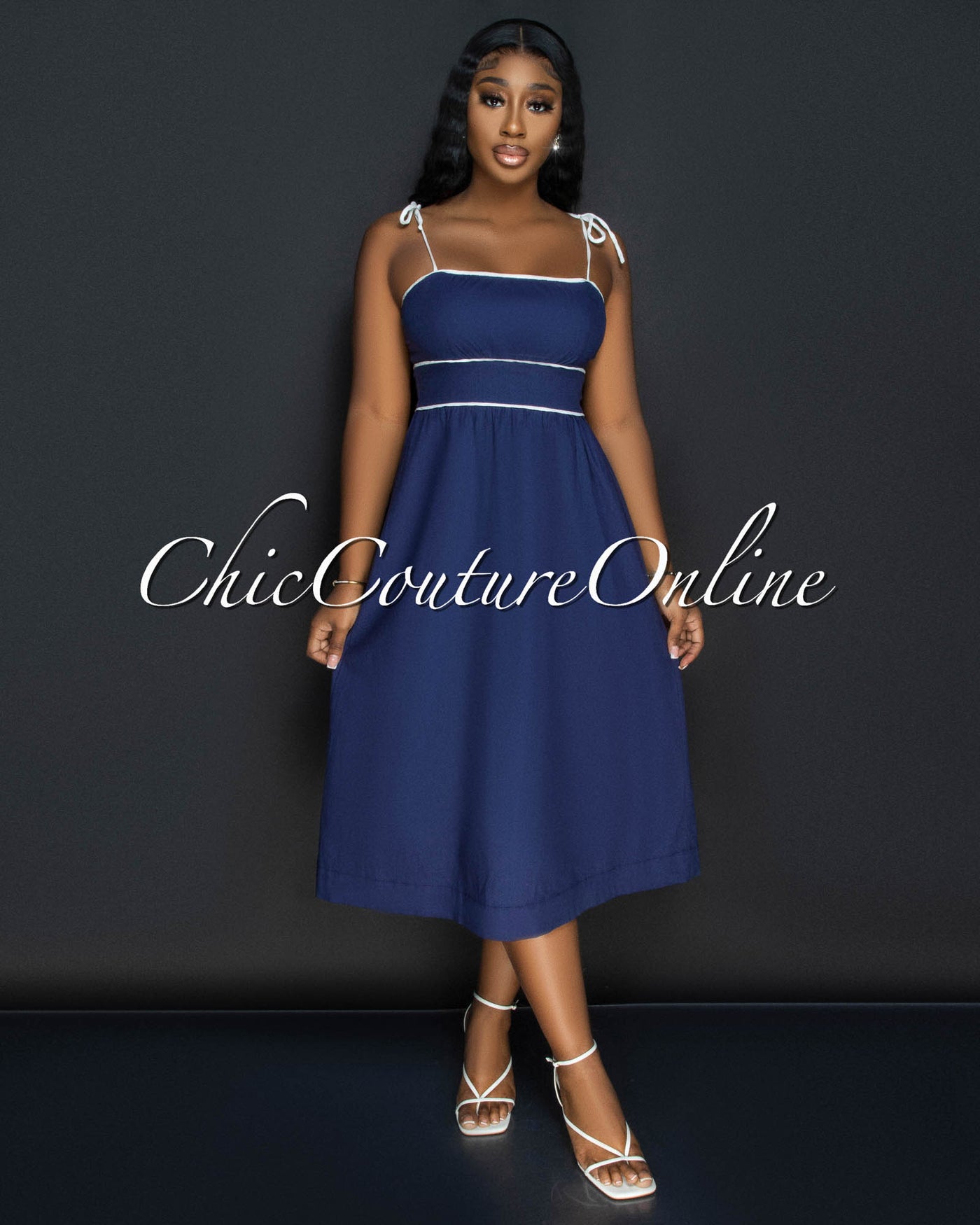 *Aretha Navy Blue White Trim Midi Dress