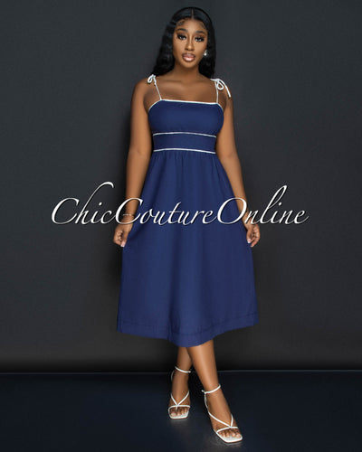 *Aretha Navy Blue White Trim Midi Dress