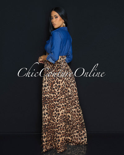 Comeco Blue Denim Leopard Maxi Dress