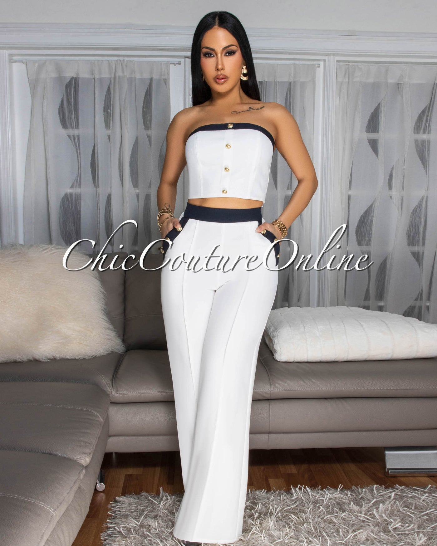 Marcella Off-White Black Crop Top Pants Set