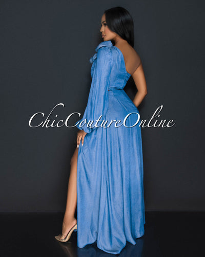 Taina Blue Chambray One Flower Sleeve Maxi Dress