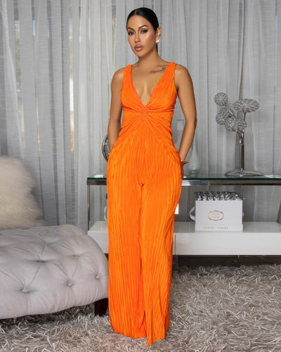 Orlena Bright Orange Knot Front Textured Jumpsuit