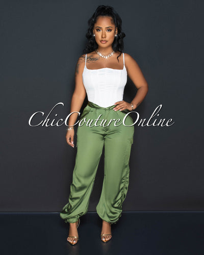 Valerie Olive Green Silky Ruched Cargo Pants