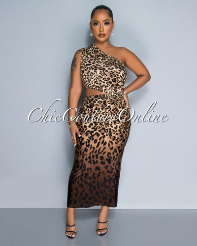 Sarina Leopard Print Single Shoulder Cut-Out Midi Dress