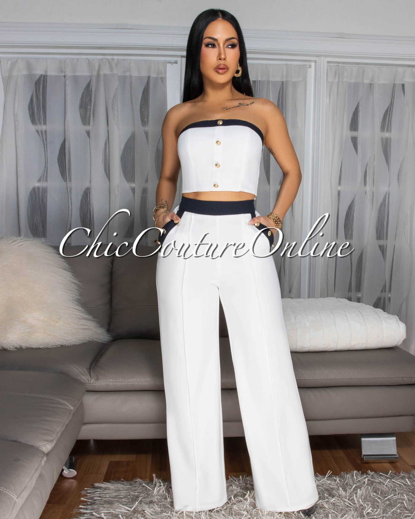 Marcella Off-White Black Crop Top Pants Set