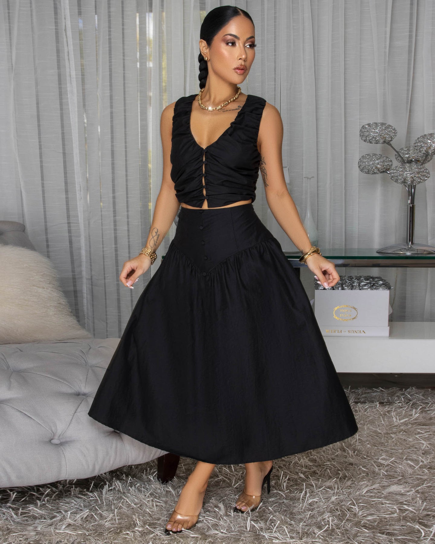 Essence Black Ruched Crop Top & Midi Skirt Set