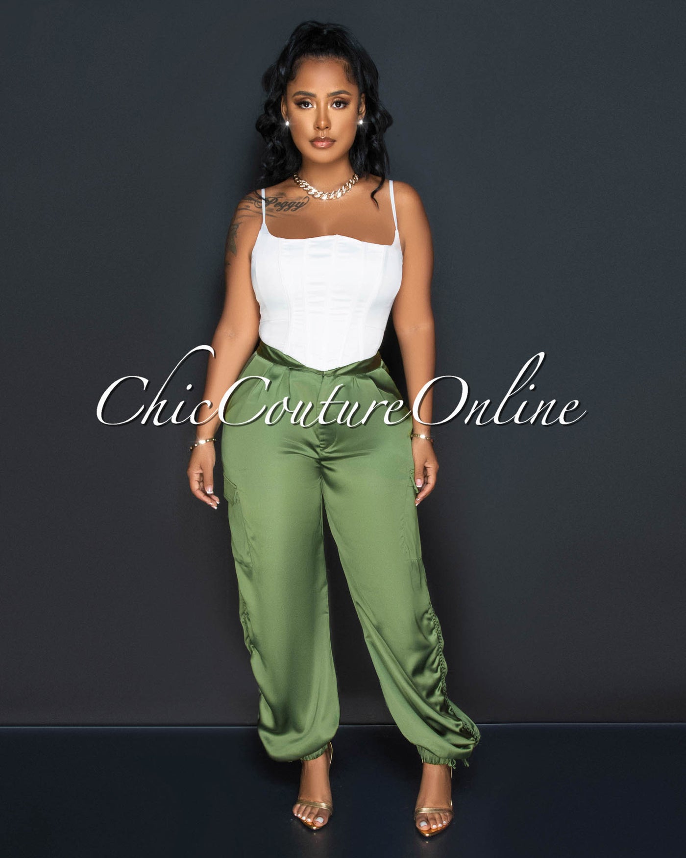 Valerie Olive Green Silky Ruched Cargo Pants