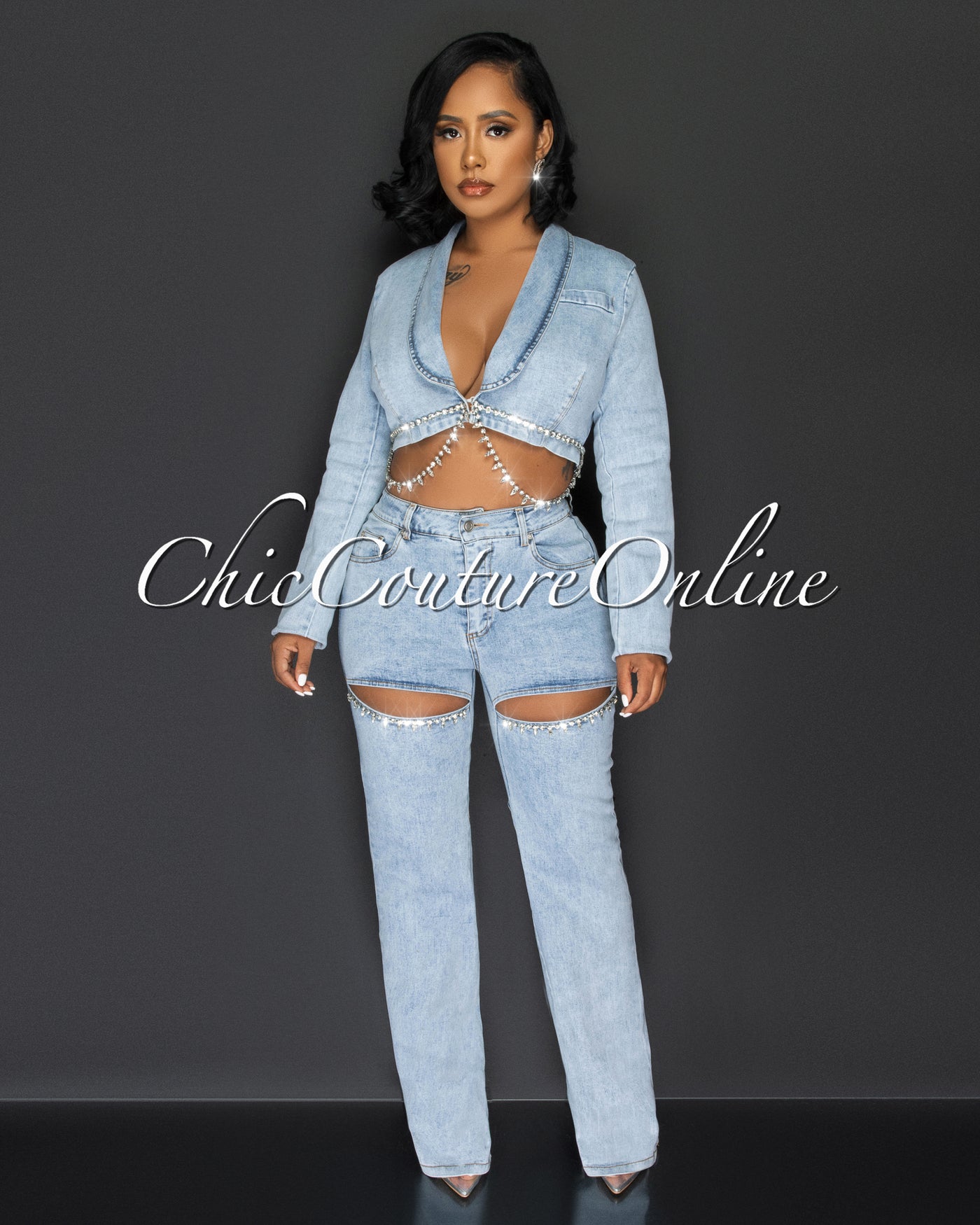 Brittany Light Denim Crop Top & Rhinestones Jeans Set