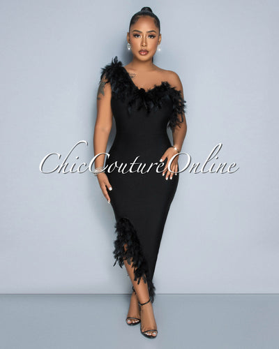 Maverick Black Feather Accent Bandage Midi Dress