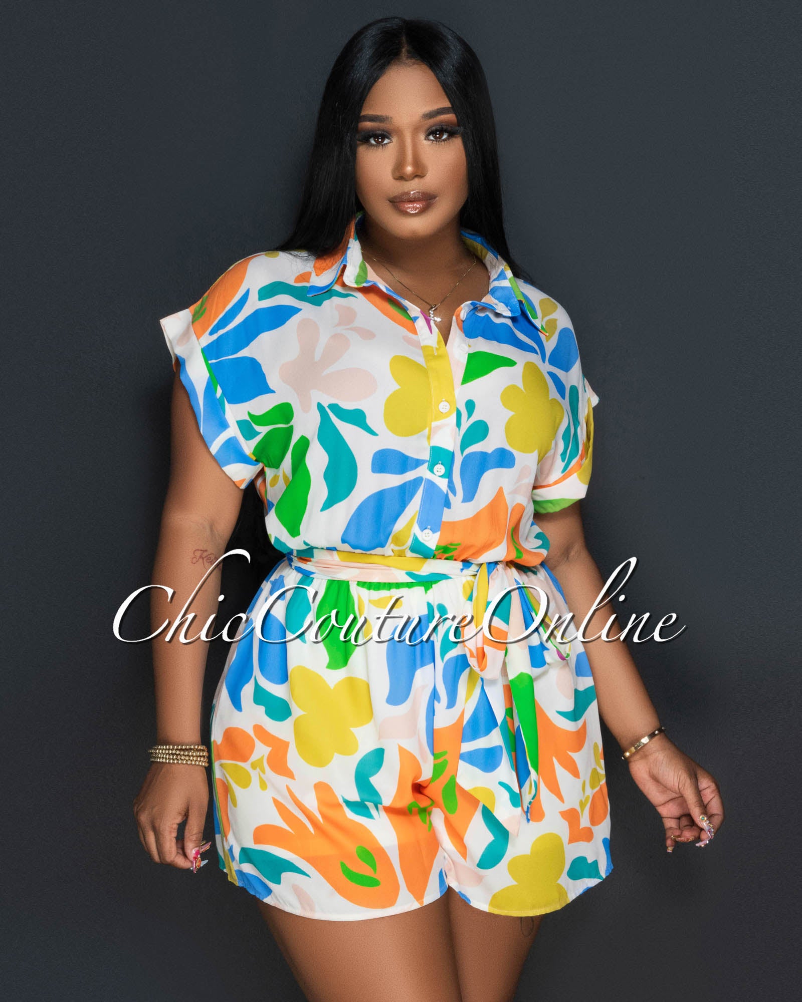 Thena Cream Multi-Color Print Utility Romper