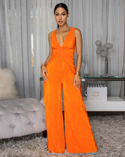 Orlena Bright Orange Knot Front Textured Jumpsuit
