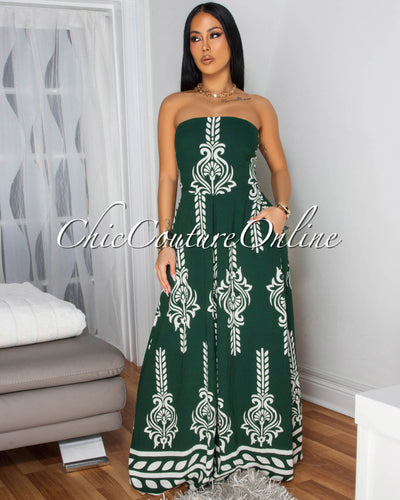 Persephone Hunter Green White Print Strapless Jumpsuit