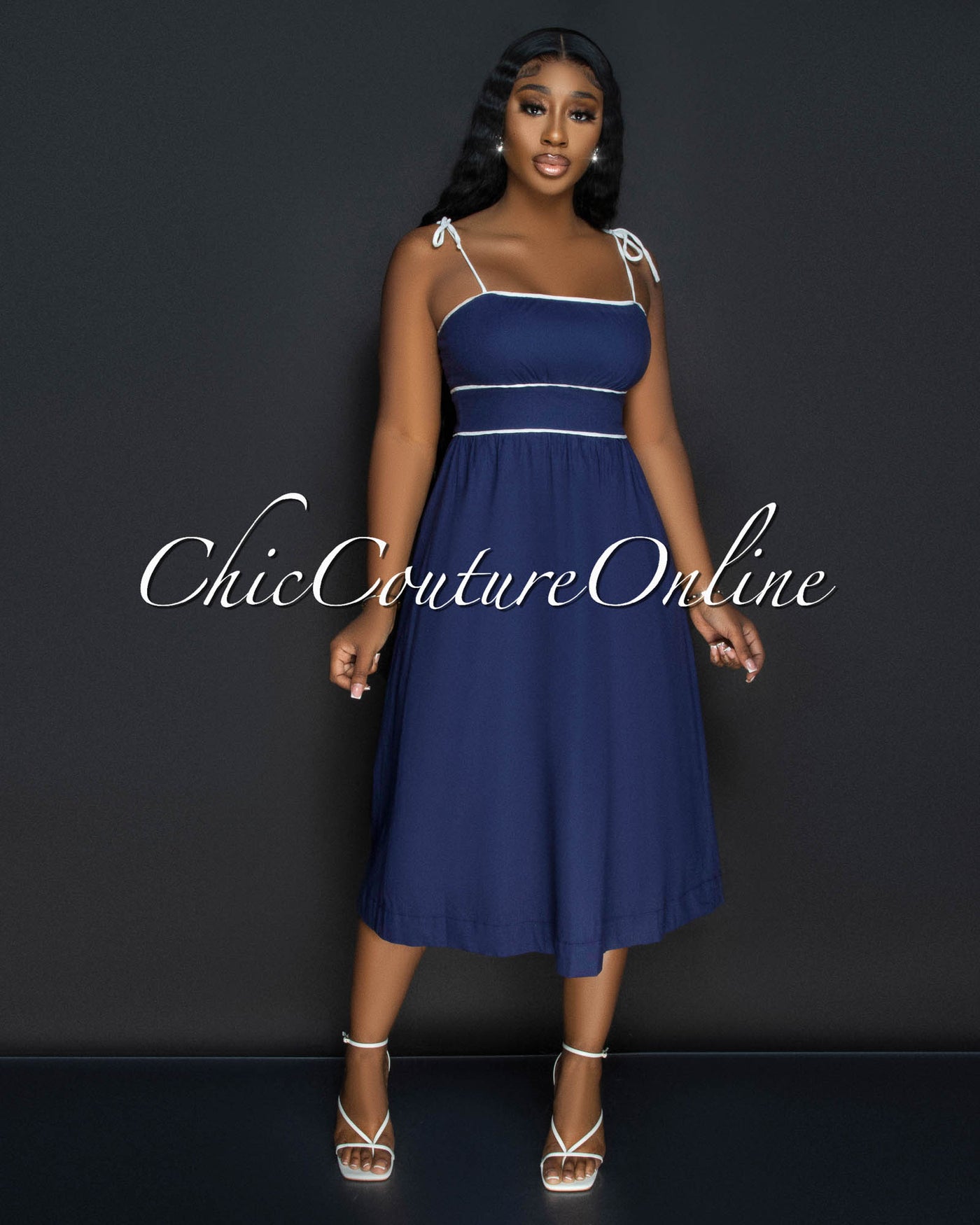 Aretha Navy Blue White Trim Midi Dress