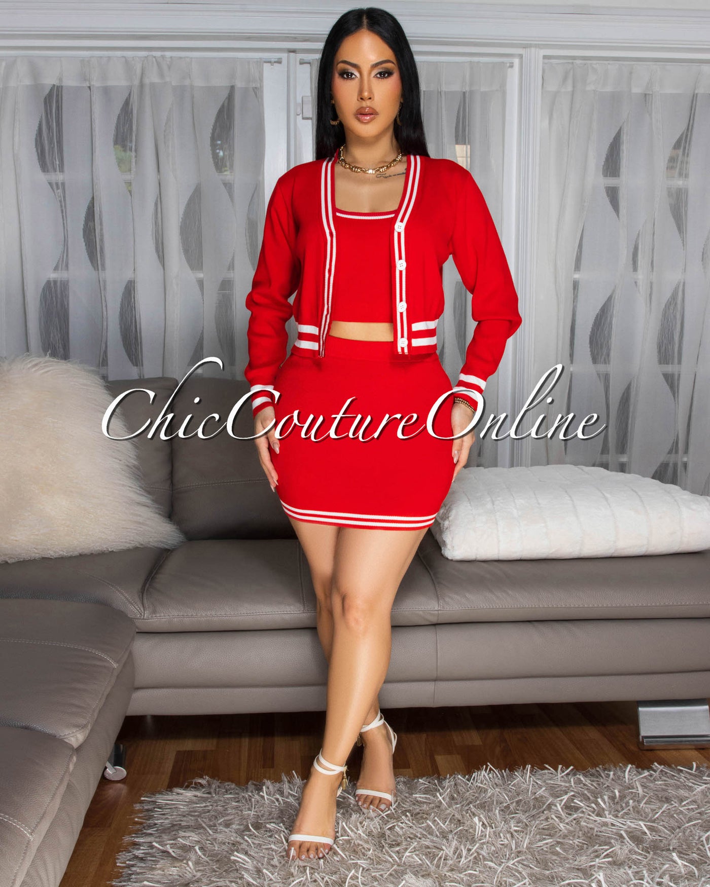 Femme Red White Trim 3 Piece Skirt Set