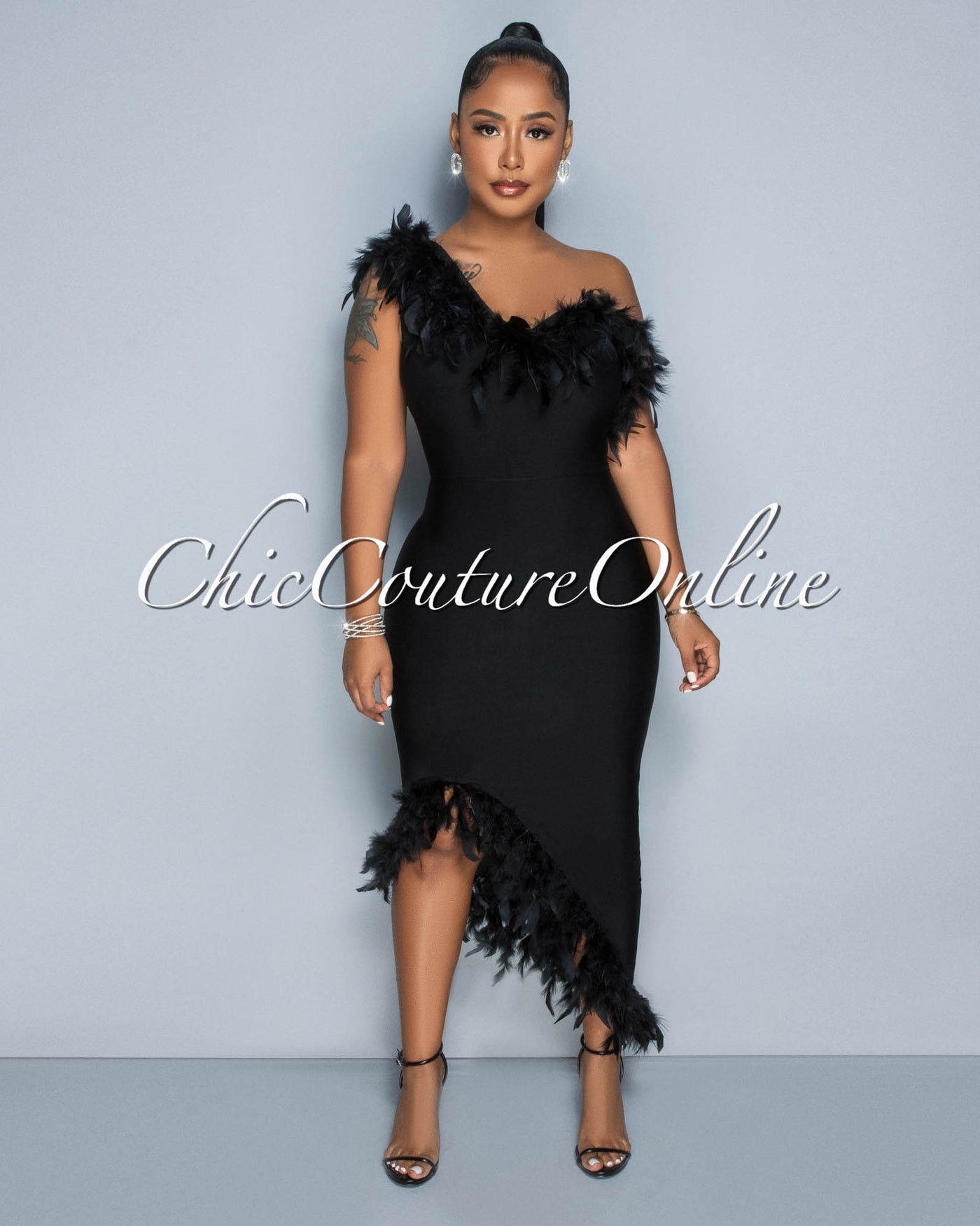 Maverick Black Feather Accent Bandage Midi Dress