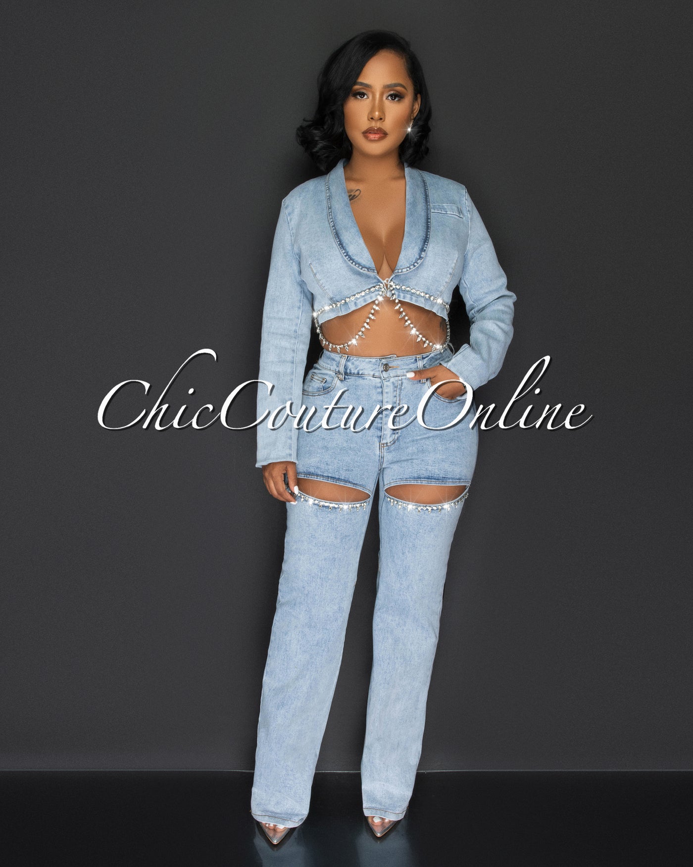 Brittany Light Denim Crop Top & Rhinestones Jeans Set