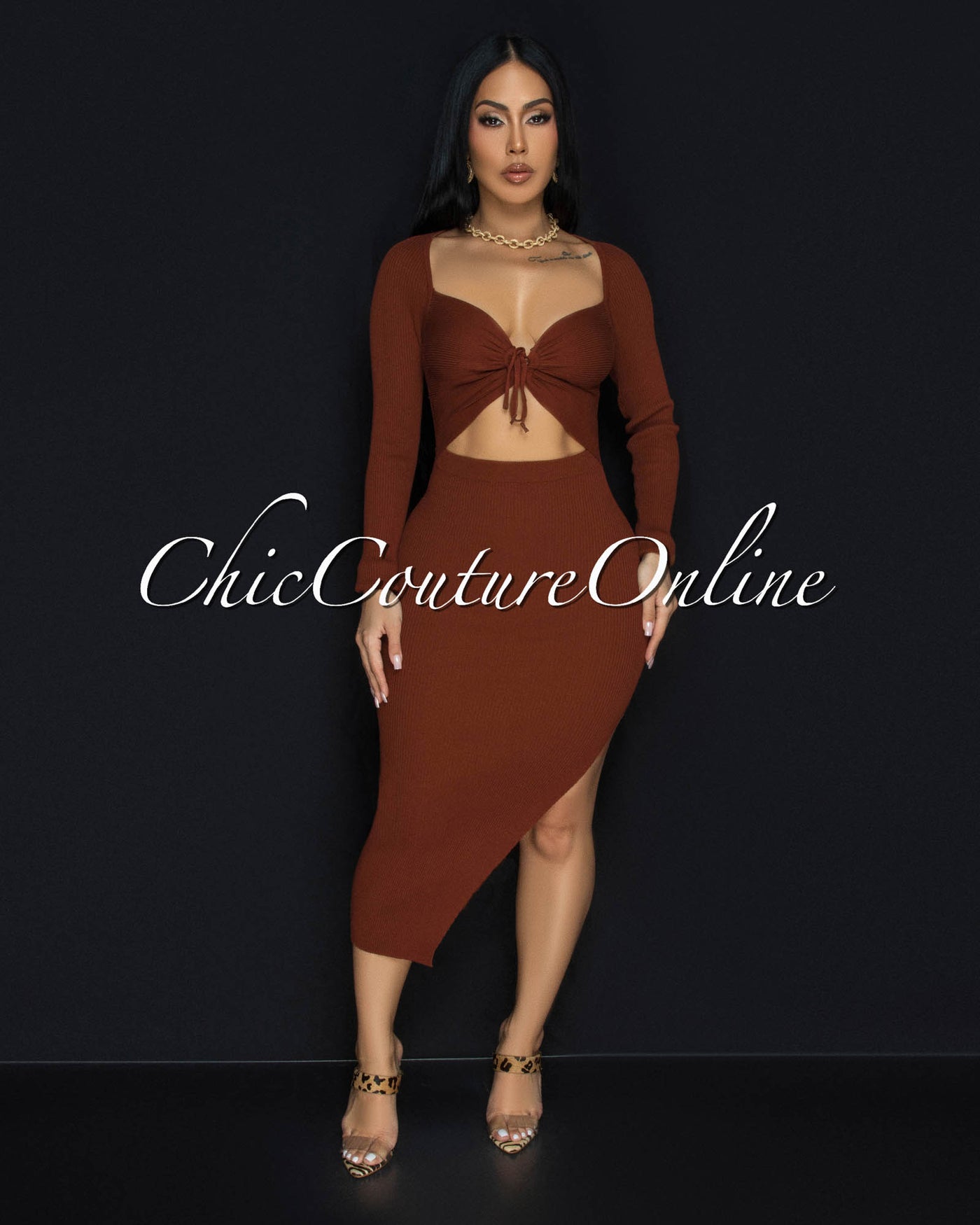 Jaadia Sienna Ribbed Cut-Out Bust Midi Dress