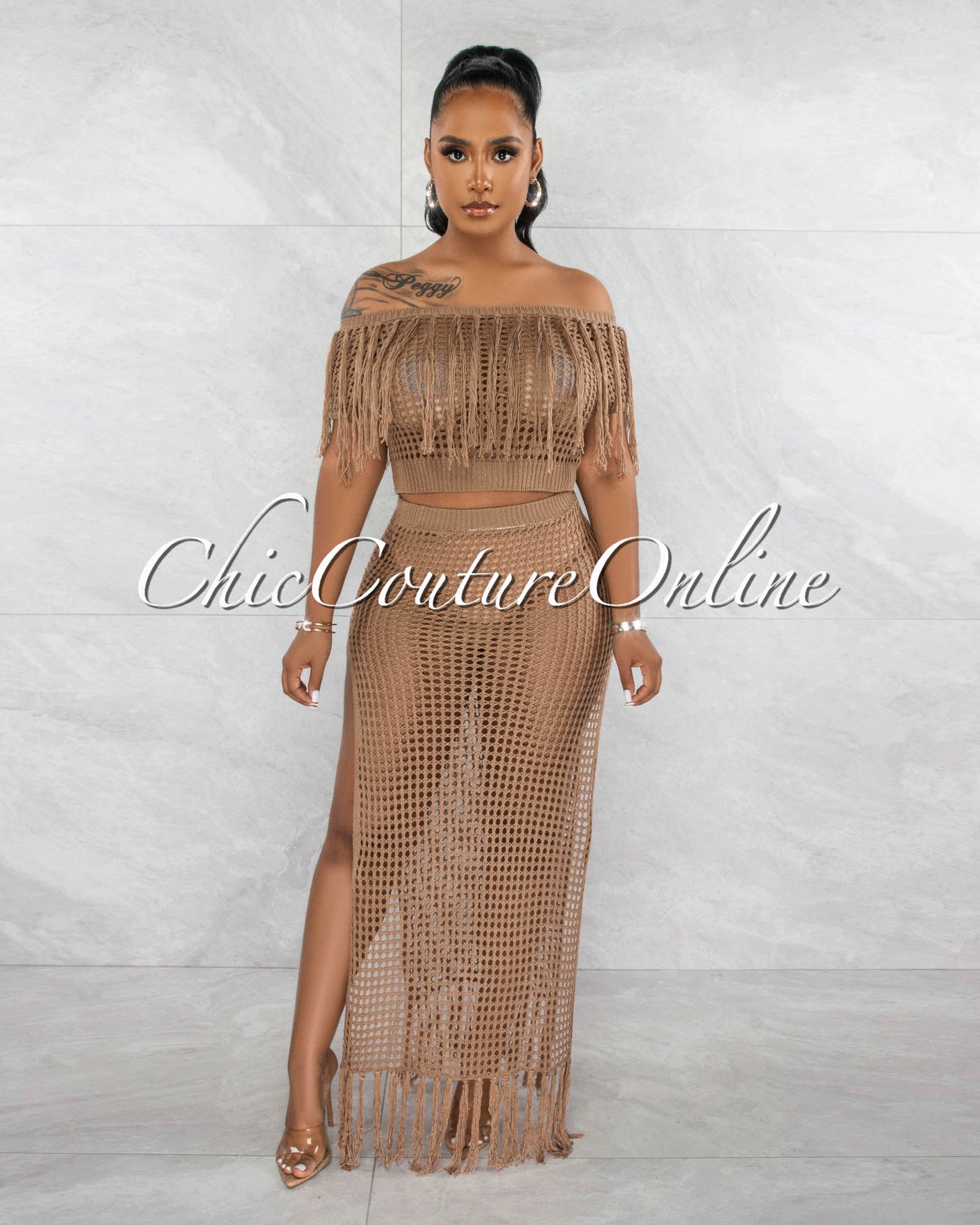 *Jocelin Mocha Crop Top & Crochet Cover-Up Maxi Skirt Set