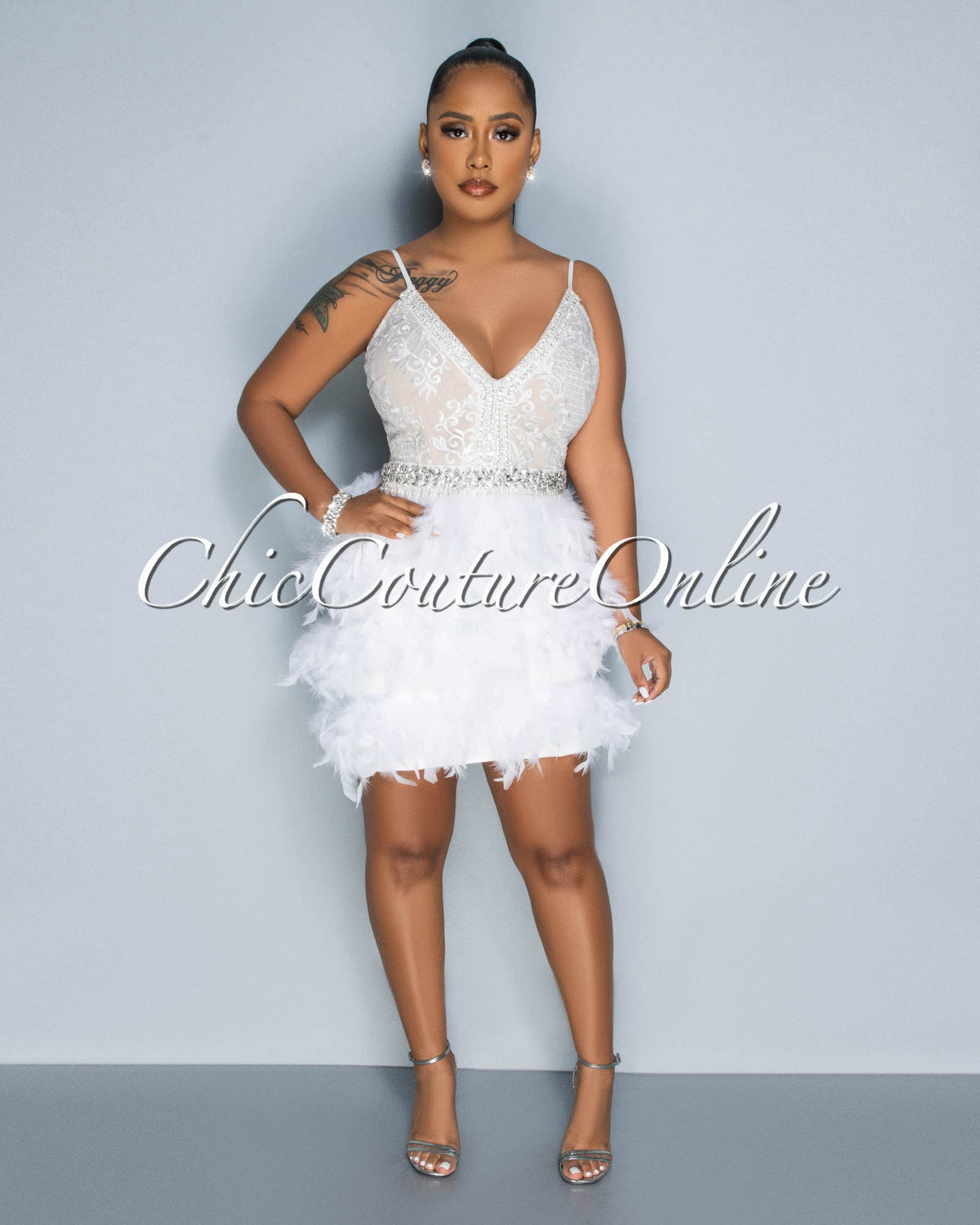 Gladis Nude White Crochet Feathers & Rhinestones Dress