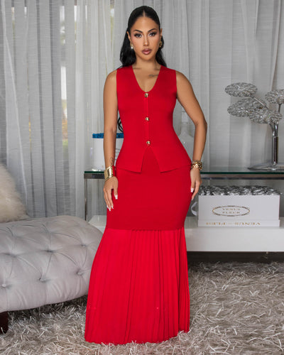 Nerine Red Top & Pleated Maxi Skirt Set