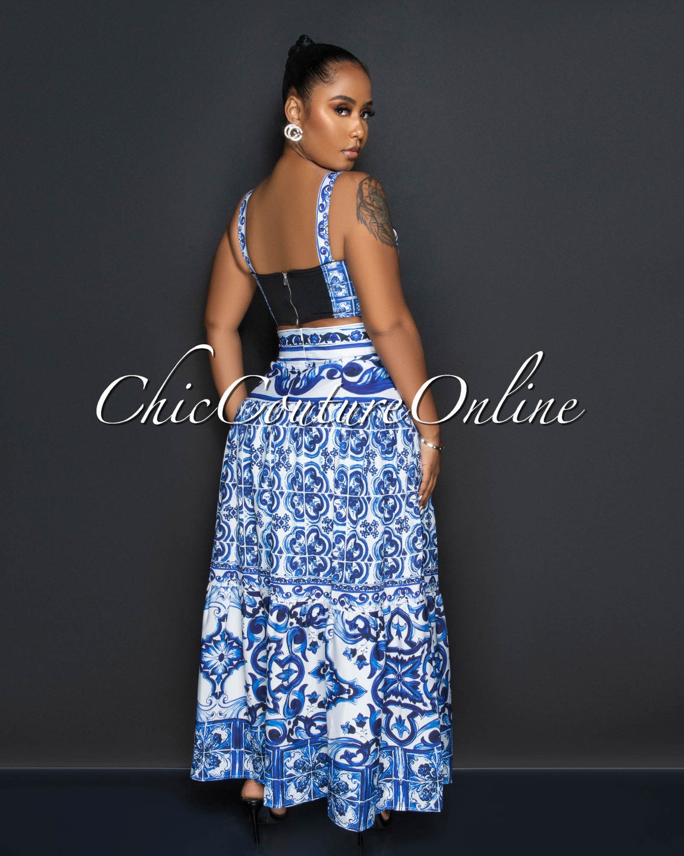 Obed White Blue Print Crop Top & Maxi Skirt Set