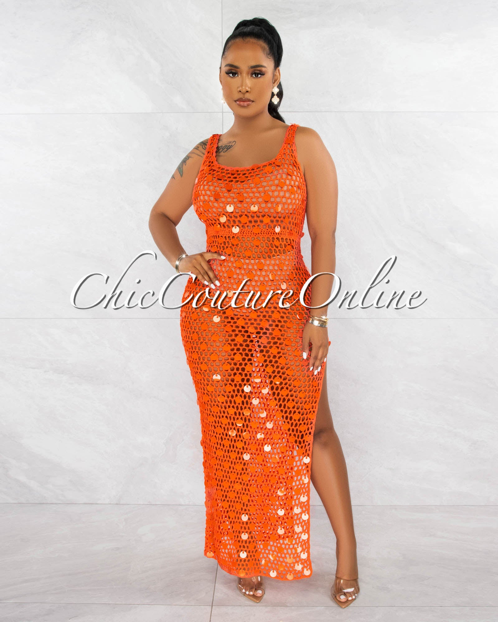*Shada Orange Sequins Crochet Cover-Up Maxi Dress
