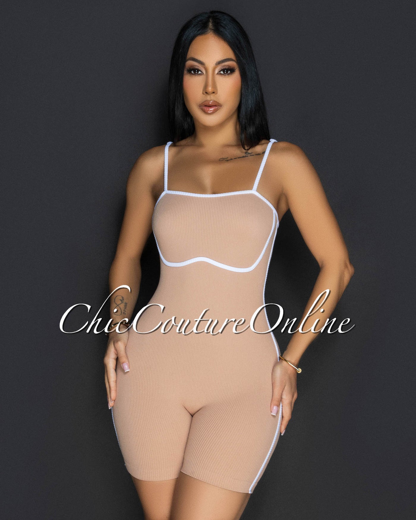 Jona Nude White Trim Sculpting Romper