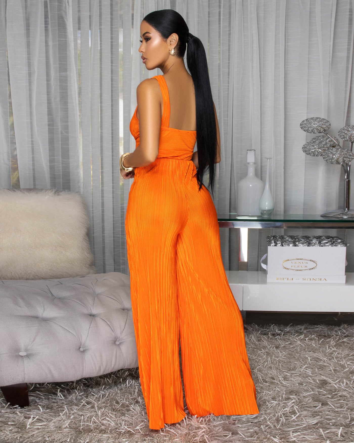 Orlena Bright Orange Knot Front Textured Jumpsuit