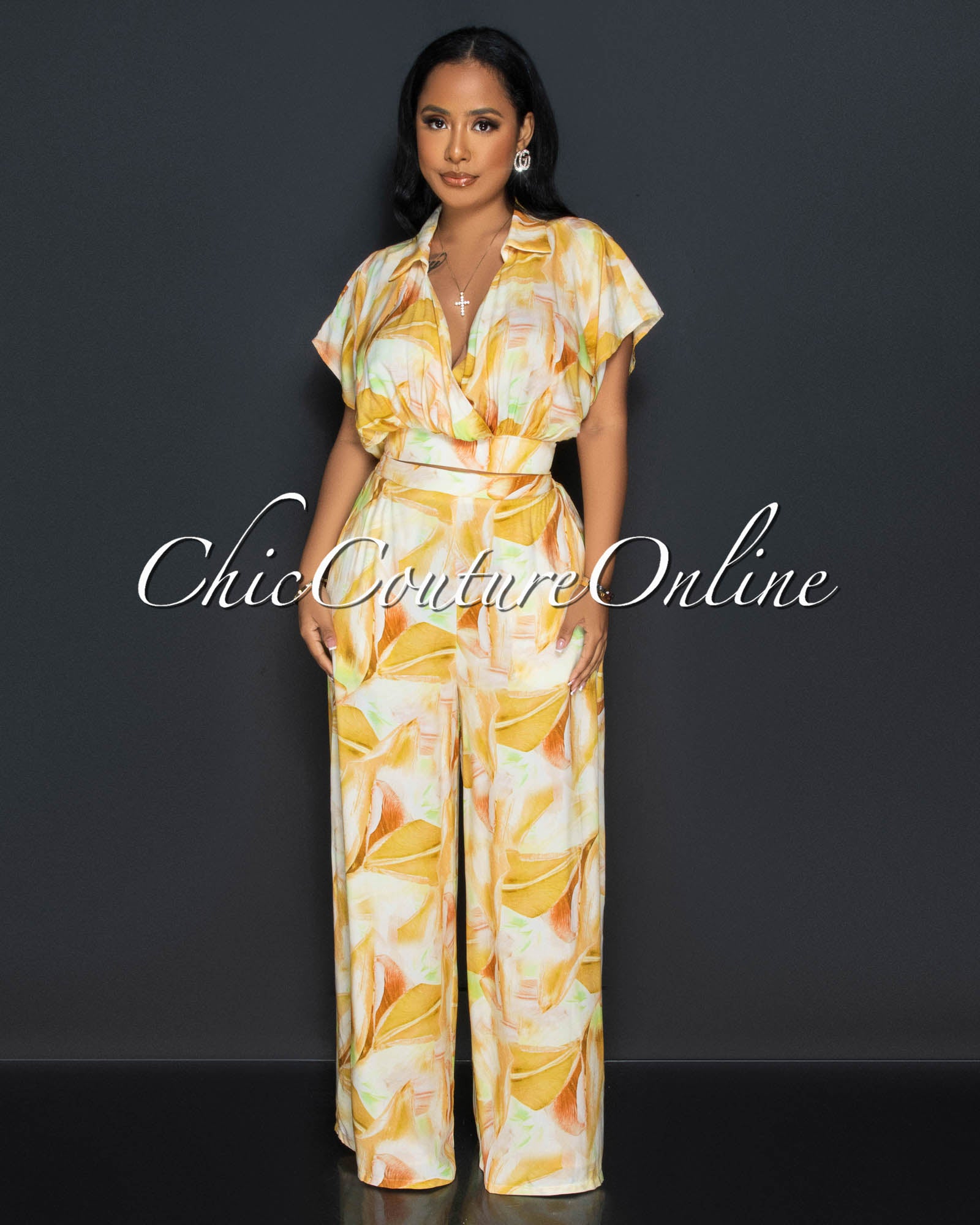 Dorothy Mustard Print Crop Blouse & Wide Pants Set
