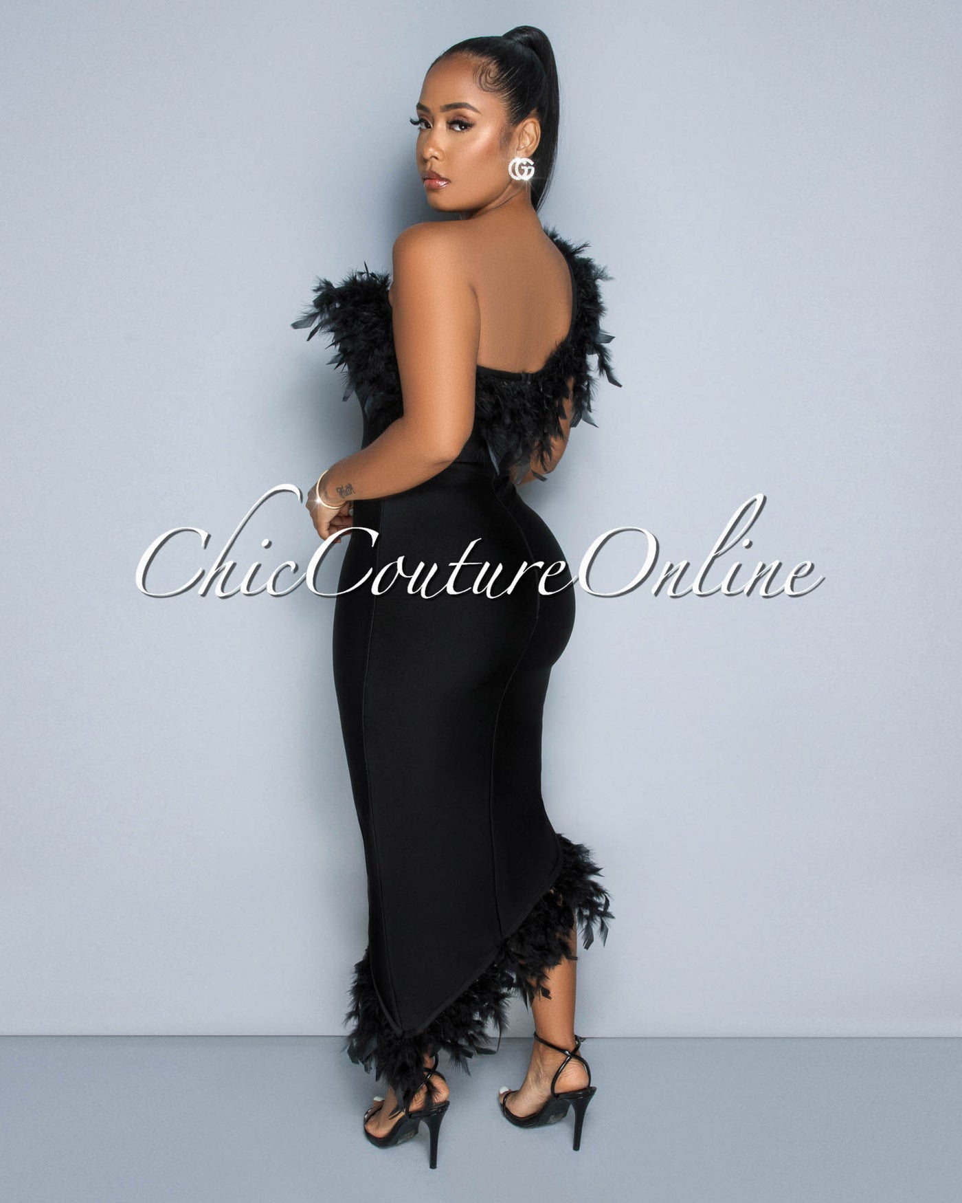 Maverick Black Feather Accent Bandage Midi Dress