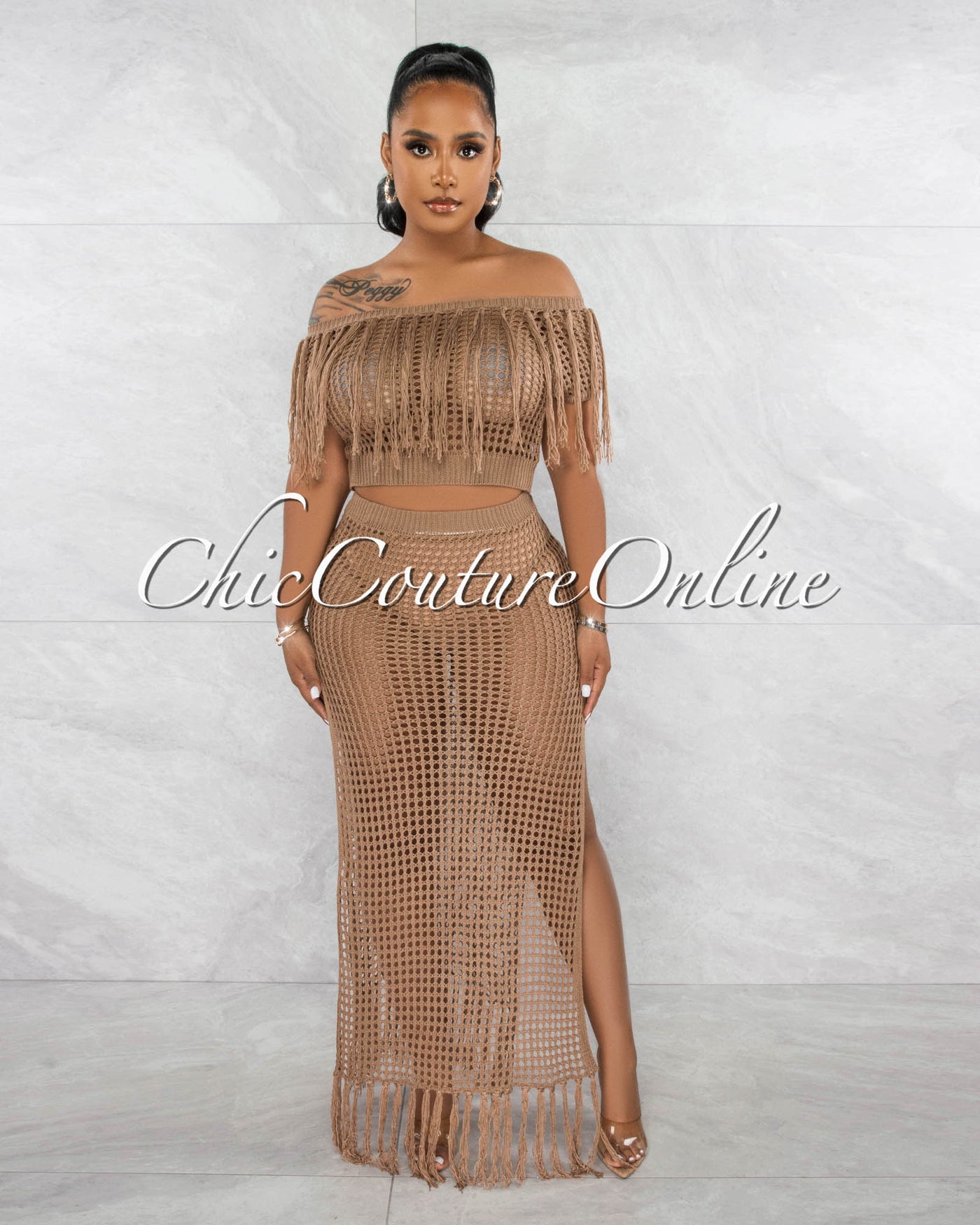 *Jocelin Mocha Crop Top & Crochet Cover-Up Maxi Skirt Set