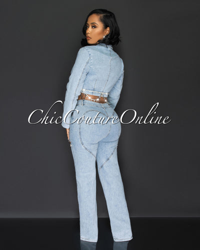 Brittany Light Denim Crop Top & Rhinestones Jeans Set