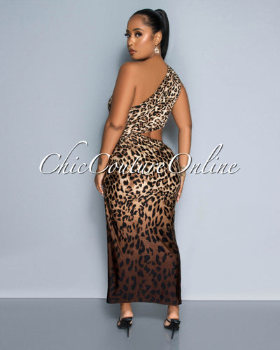 Sarina Leopard Print Single Shoulder Cut-Out Midi Dress