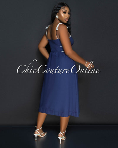 Aretha Navy Blue White Trim Midi Dress