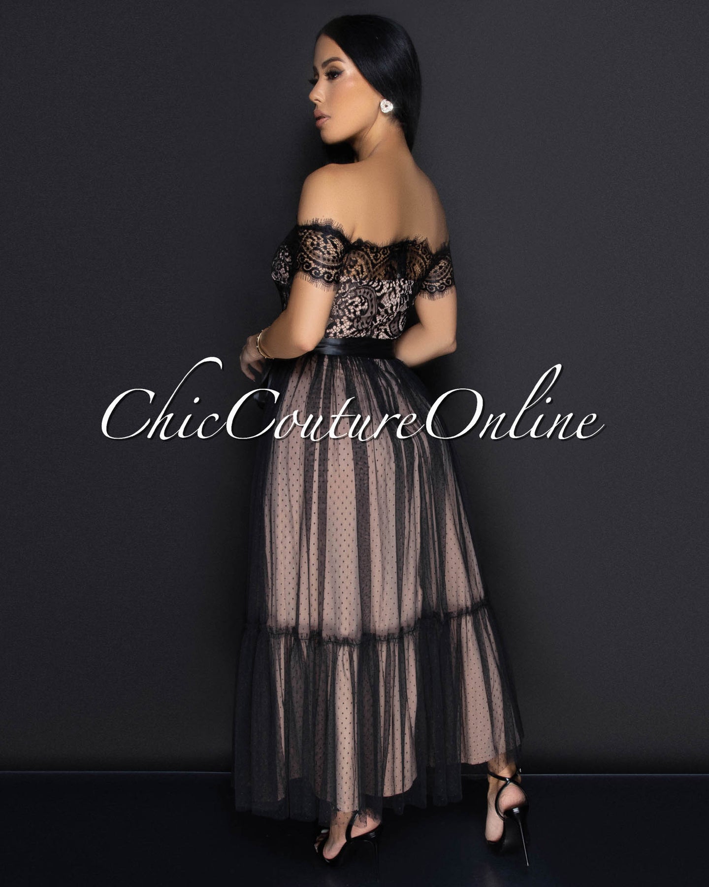 Cosetta Lace Nude Illusion Ribbon Midi Dress