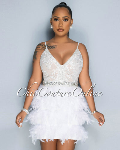 Gladis Nude White Crochet Feathers & Rhinestones Dress