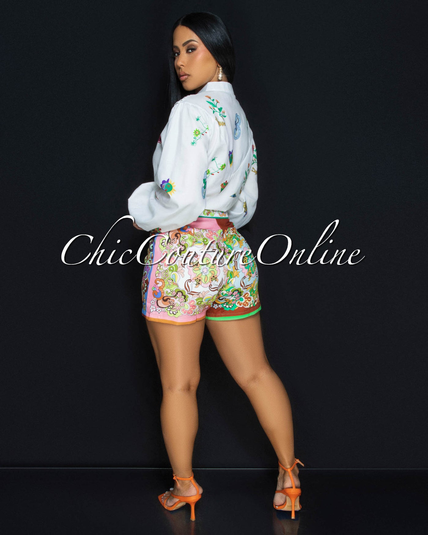 Rhodes Off-White Multi-Color Print Top & Shorts Set