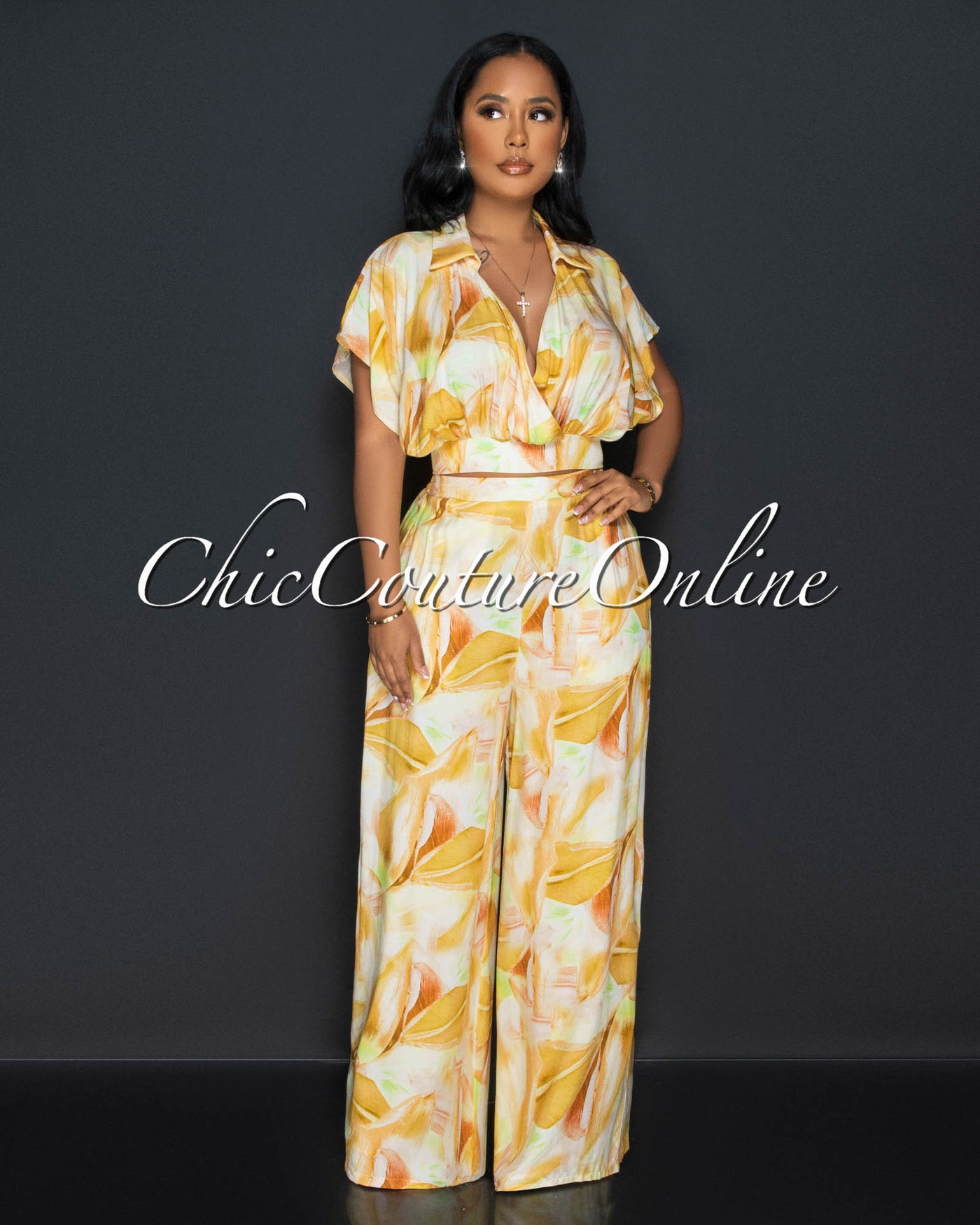 Dorothy Mustard Print Crop Blouse & Wide Pants Set