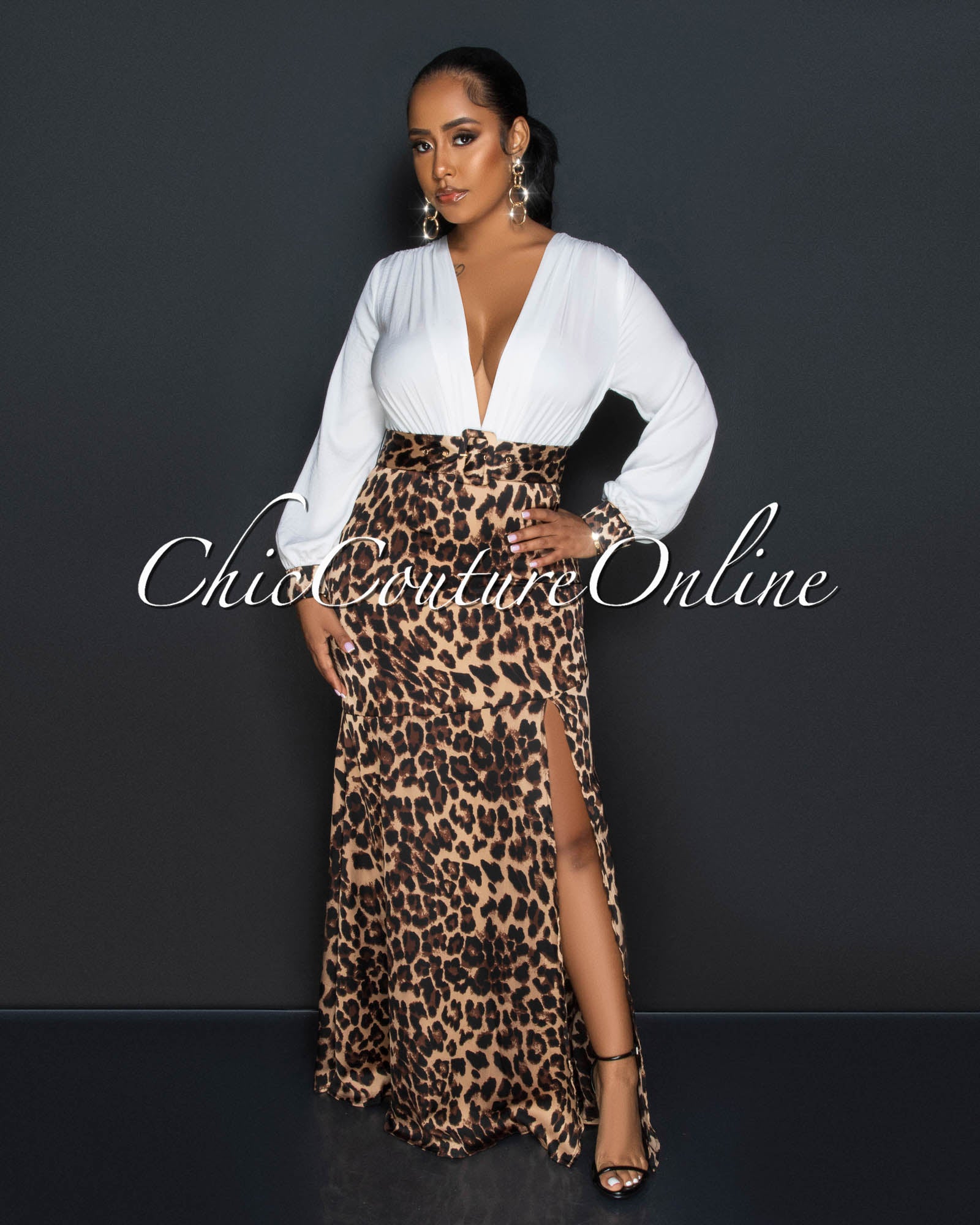 *Zabrina White Leopard Print Two-Tone Maxi Dress