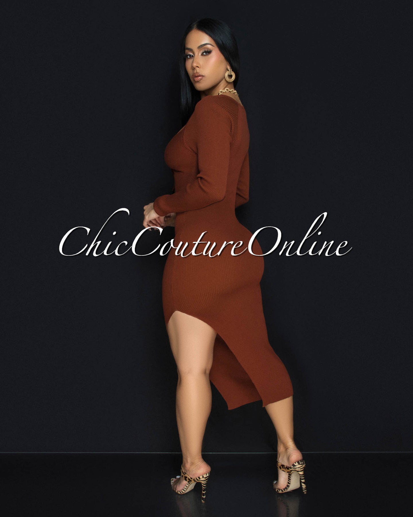 *Jaadia Sienna Ribbed Cut-Out Bust Midi Dress