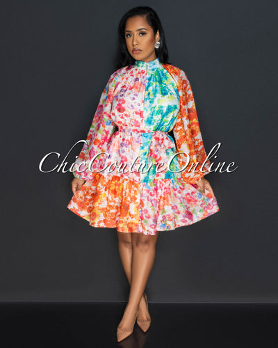 Irana White Multi-Color Print Buttoned Ruffle Short Dress