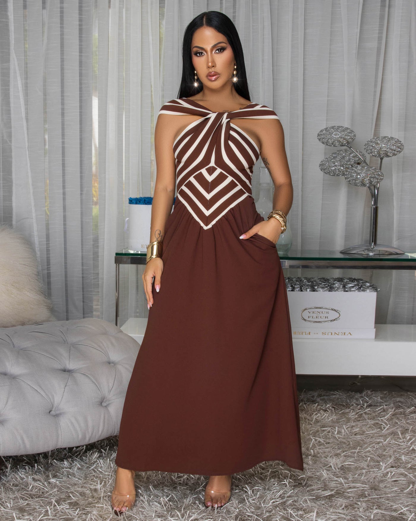Jesvia Brown Cream Stripes Colorblock Maxi Dress