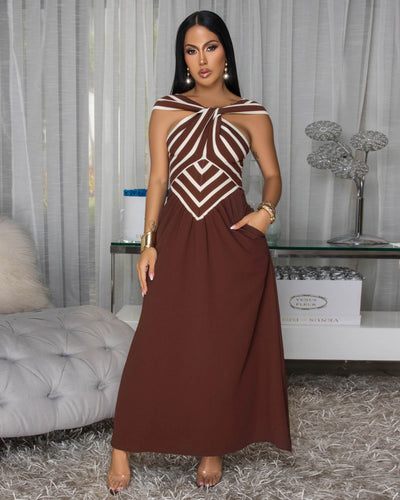 Jesvia Brown Cream Stripes Colorblock Maxi Dress