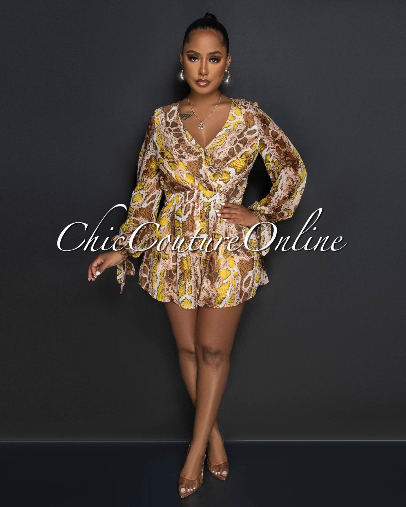 *Rachel Nude Brown Yellow Snake Open Back Print Romper