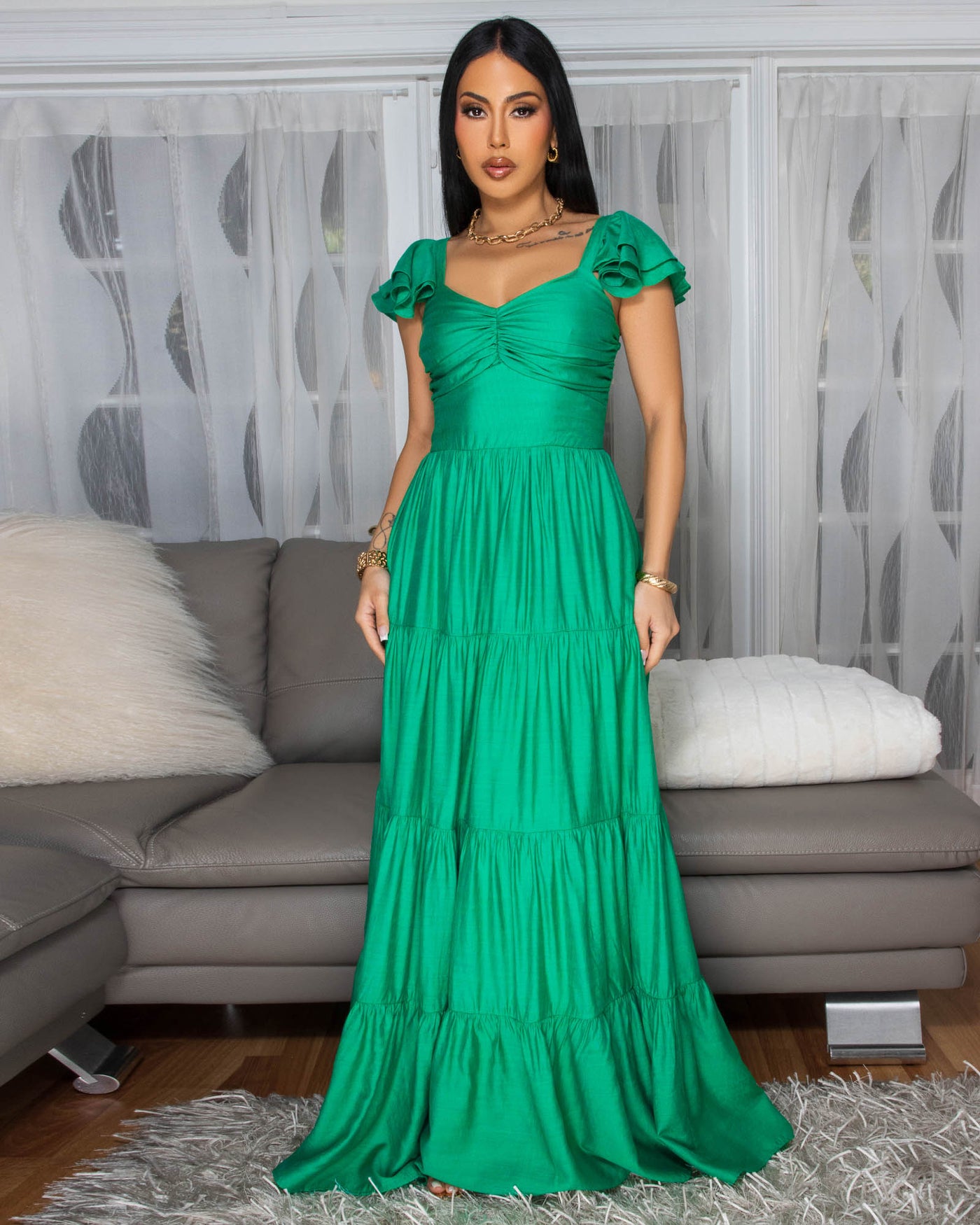 Blain Kelly-Green Ruffle Sleeves Maxi Dress Chic Couture Online Blain Kelly-Green Ruffle Sleeves Maxi Dress Chic Couture Online