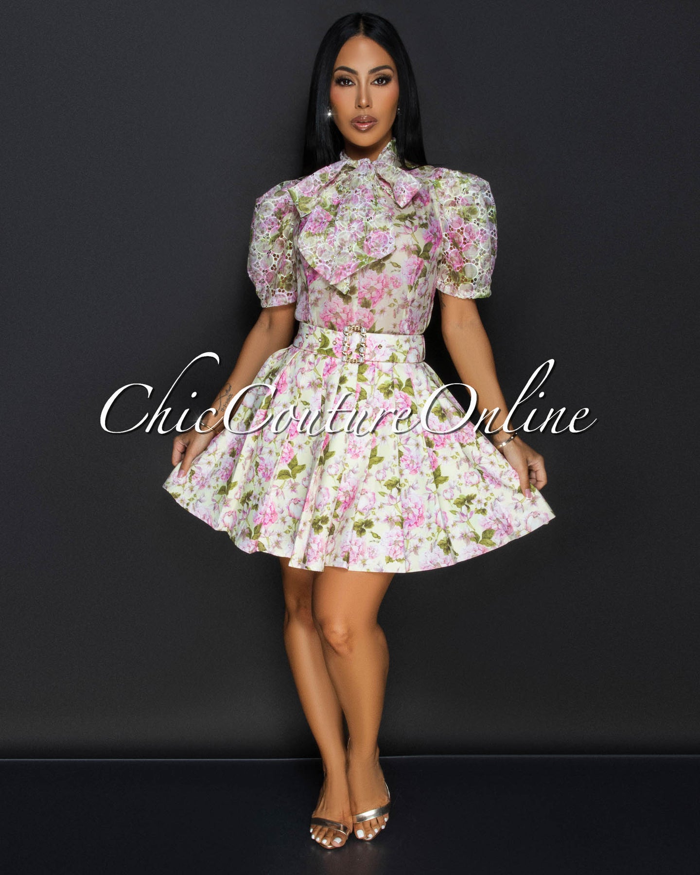 Aderette Peach Floral Blouse & Pleated Belted Skirt Set