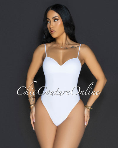 Toniya White Ribbed Body-Con Bodysuit